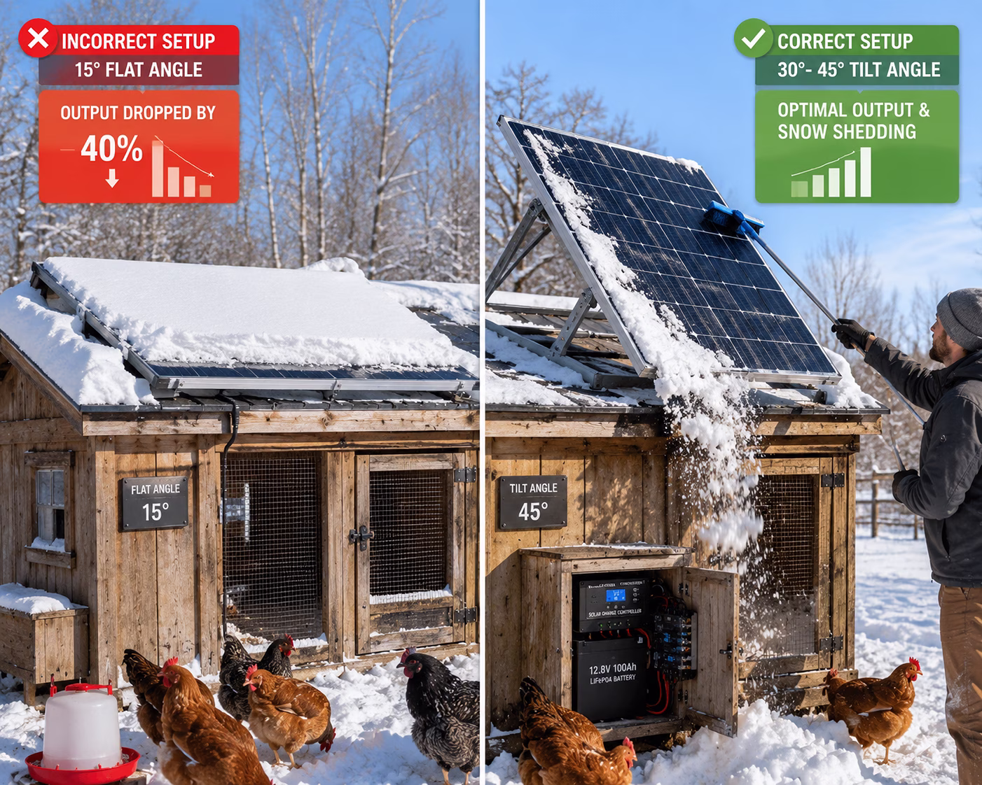 Solar panels partially covered in snow on the ground