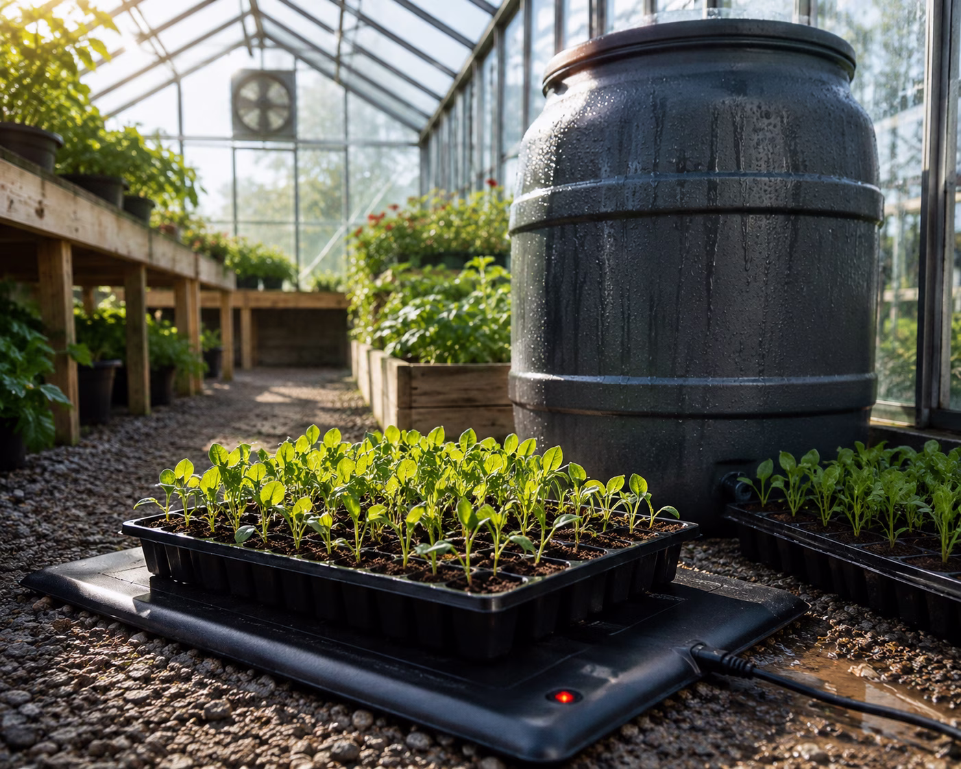 Greenhouse interior showing heat mats under seedling trays and water barrel thermal mass