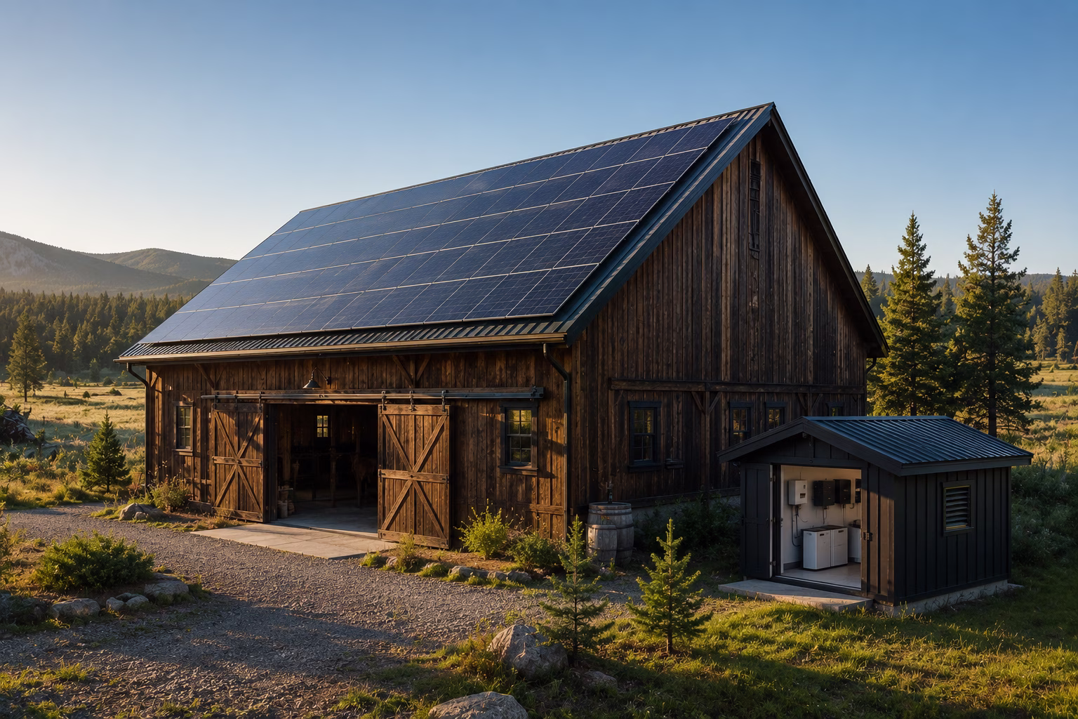 Aerial view of various barn sizes with solar arrays