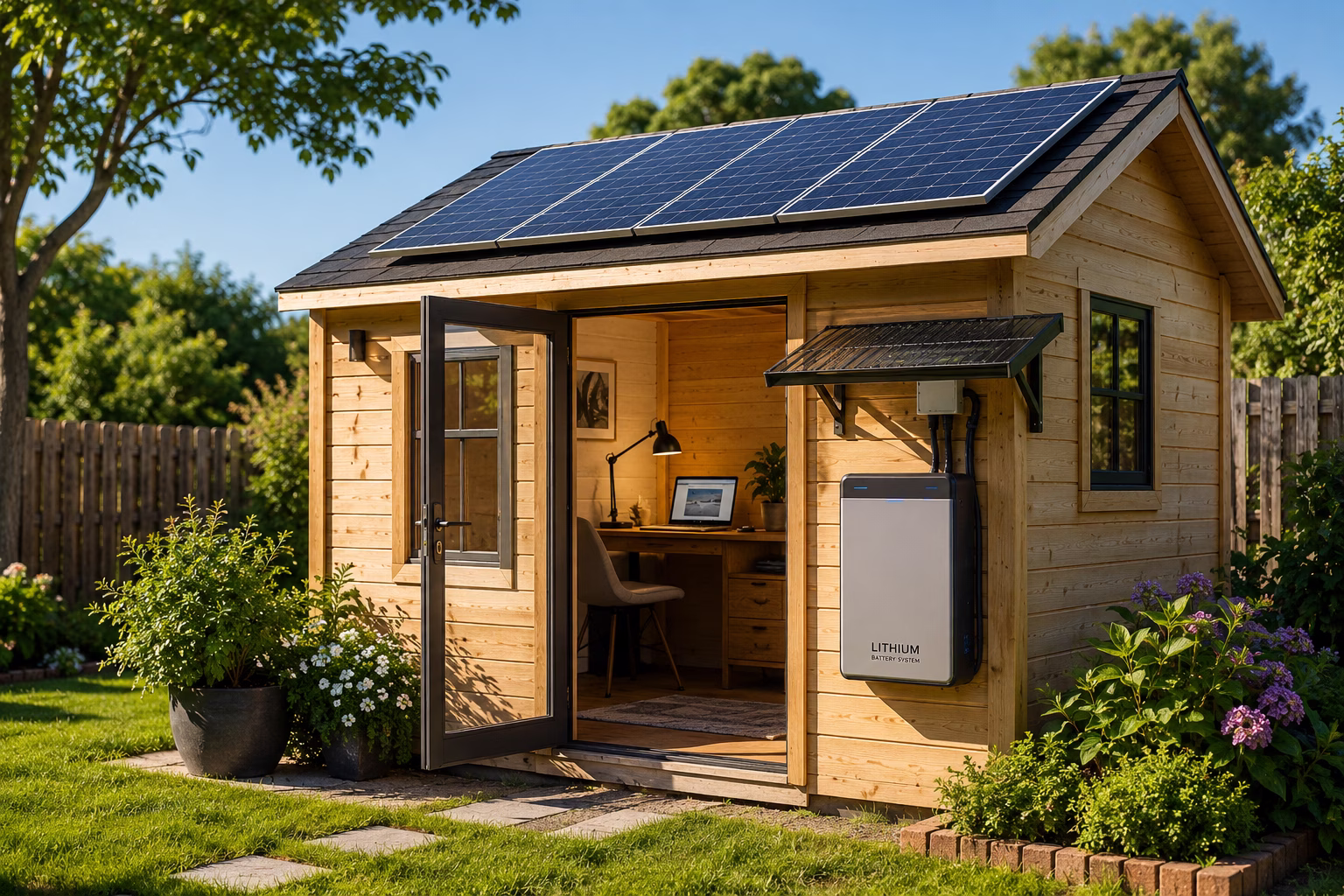 Backyard home office shed with solar panels