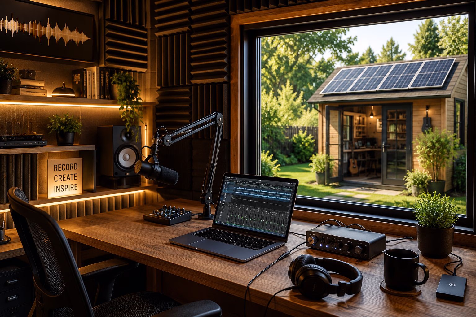 Solar-powered music / podcast studio shed