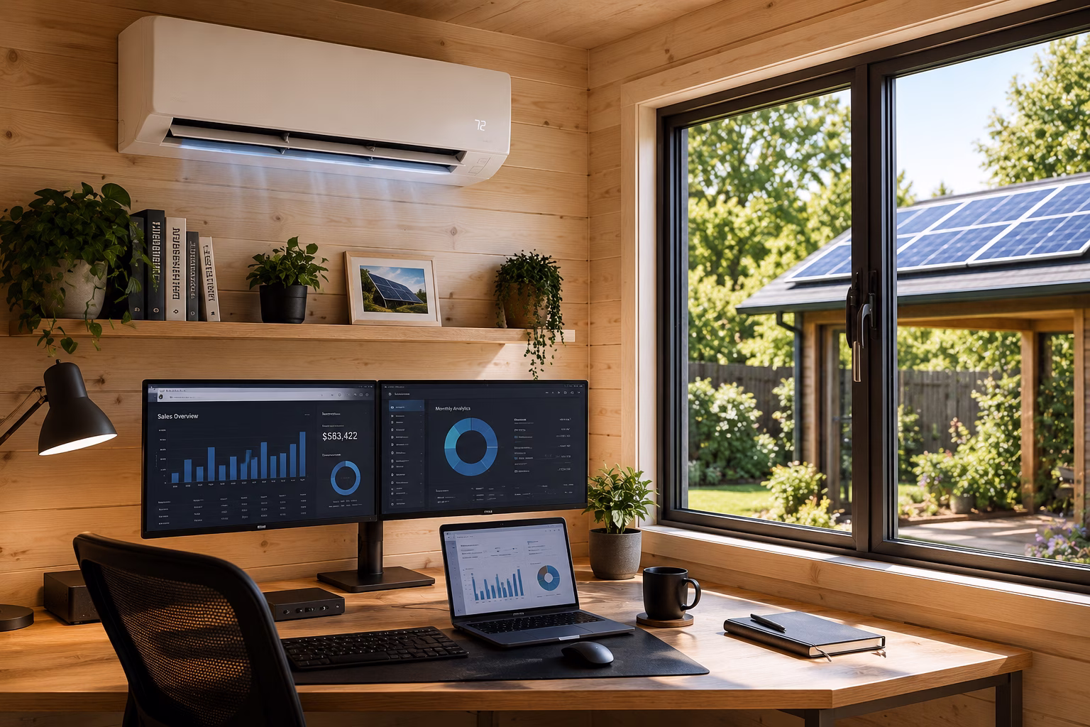 Mini-split AC in solar-powered backyard office shed