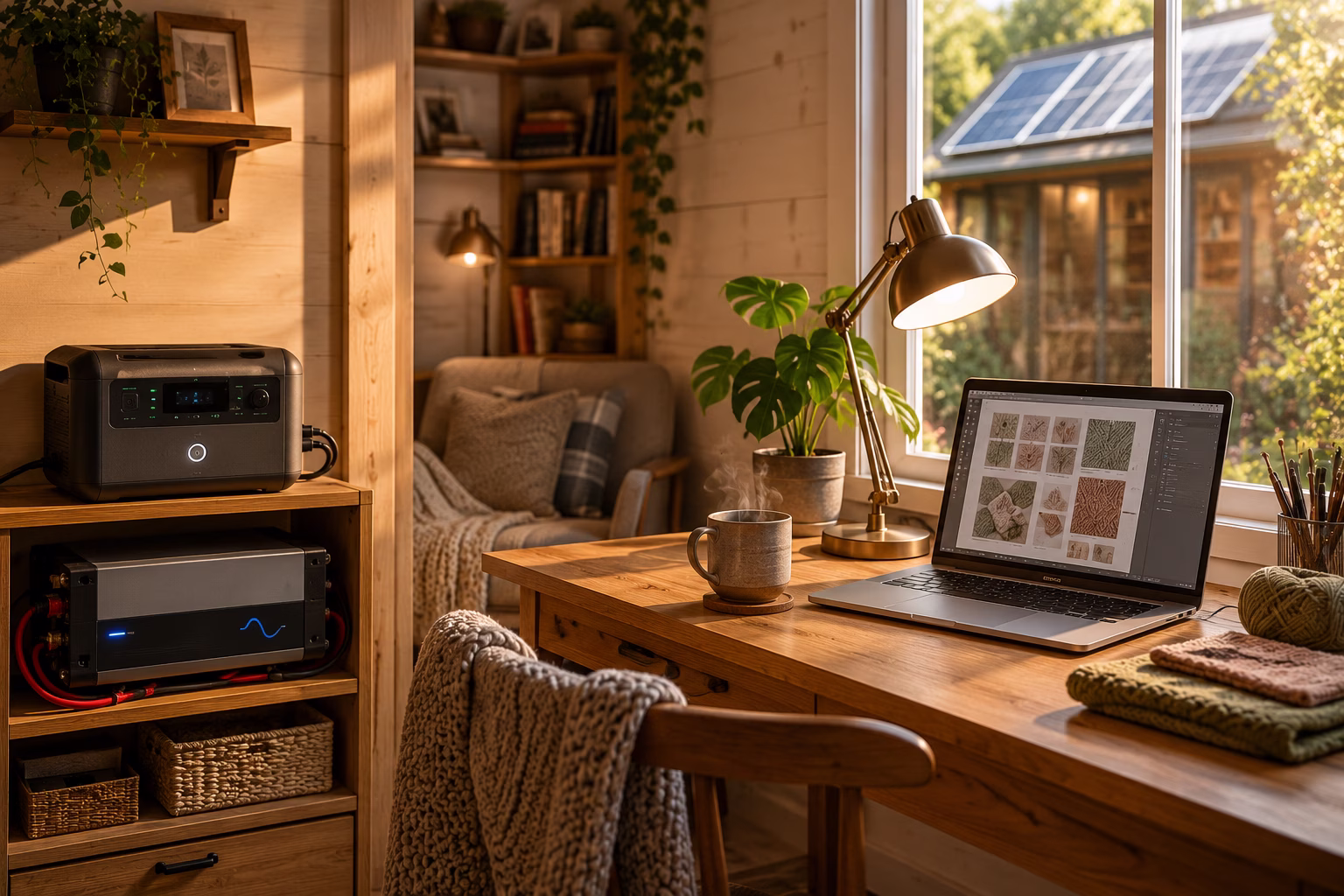 Beautiful solar-powered she shed interior