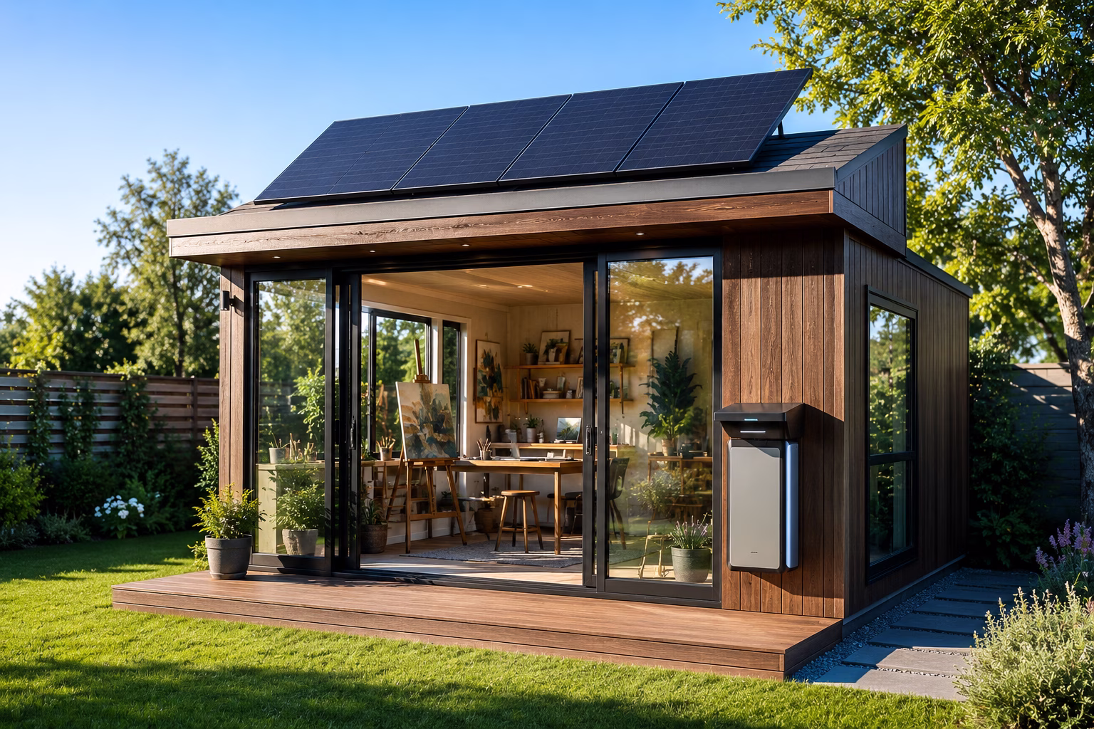 Exterior view of she shed with solar panels