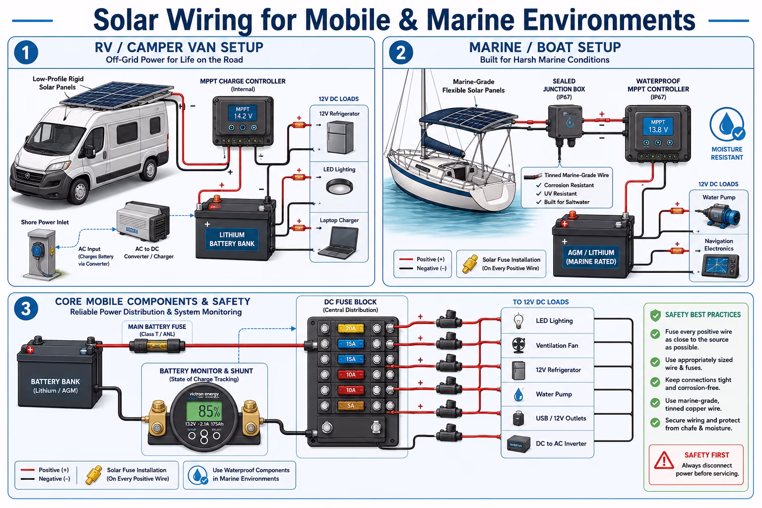 RV Rooftop Solar Panel Wiring and Camper Van System Diagram