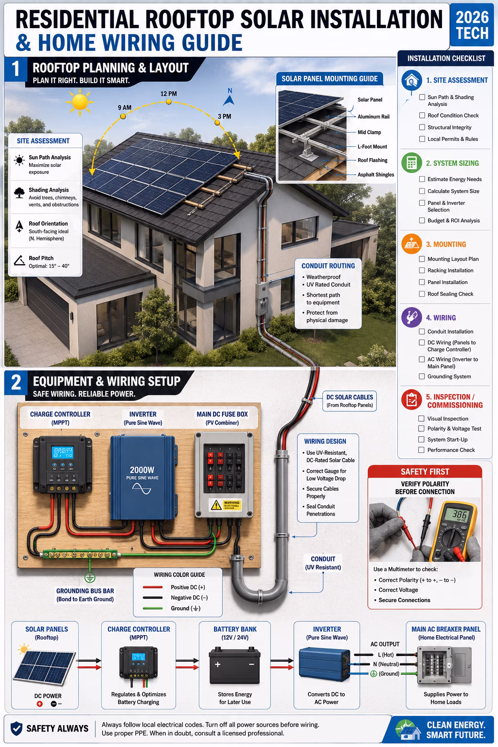 Residential rooftop solar panel layout and inverter placement diagram