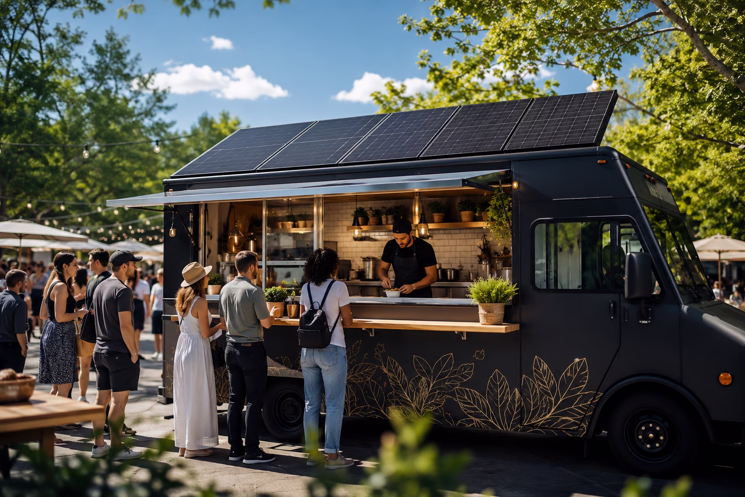 Food truck parked at market with solar panels on roof, generator removed