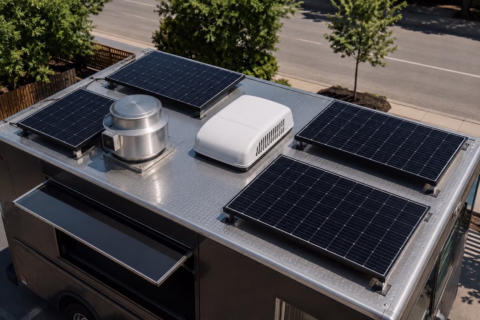 Aerial view of food truck roof with solar panels laid out, showing spacing and obstacles