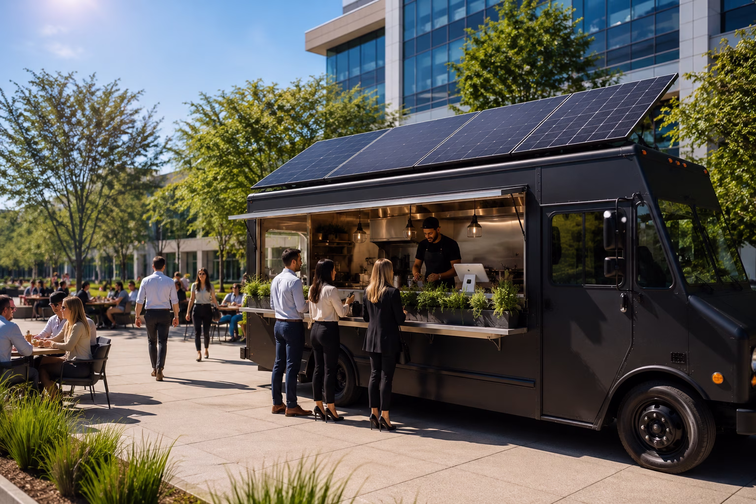Side-by-side comparison of food truck with generator exhaust vs clean solar setup 