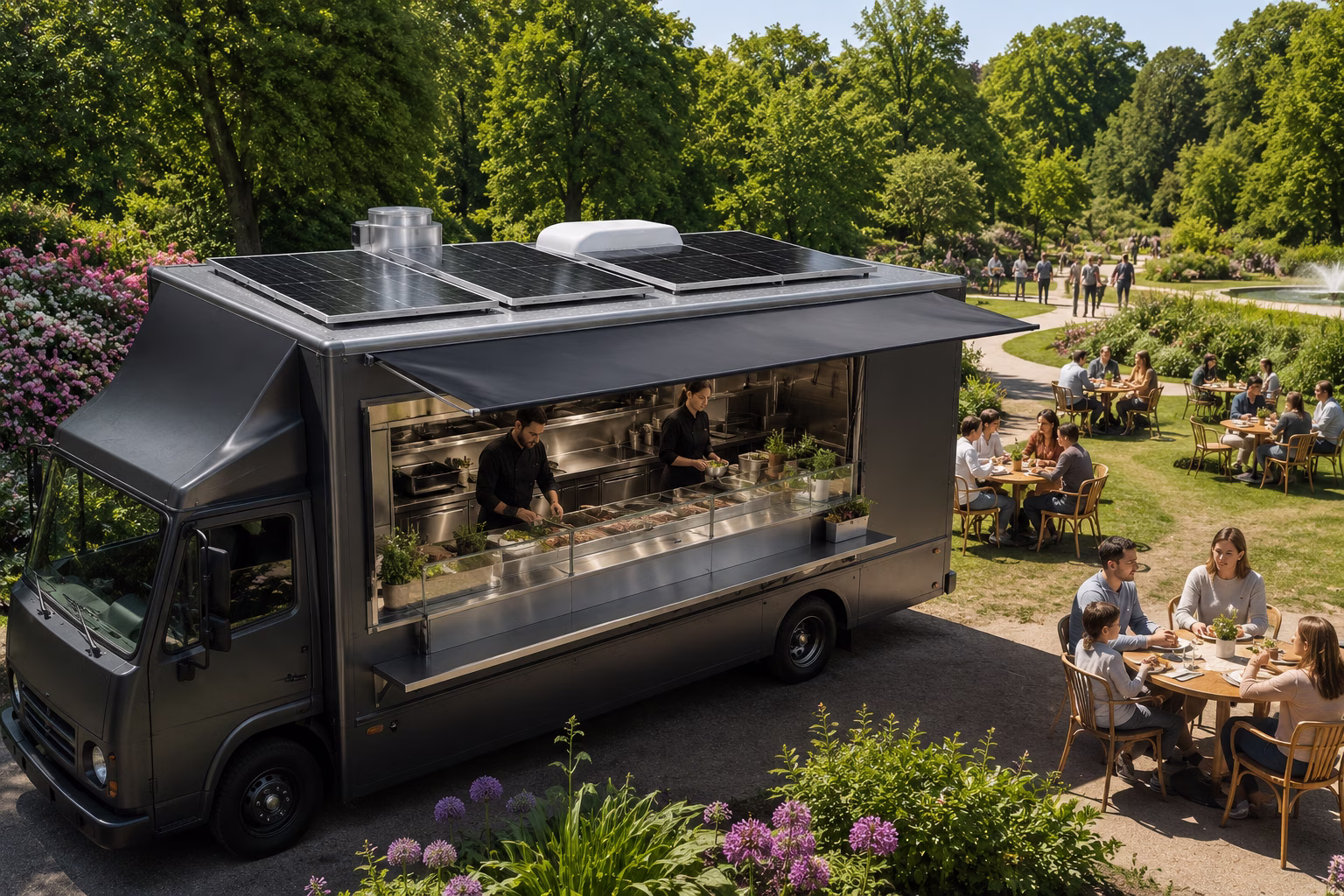 Food truck parked in historic downtown district, city noise ordinance sign visible