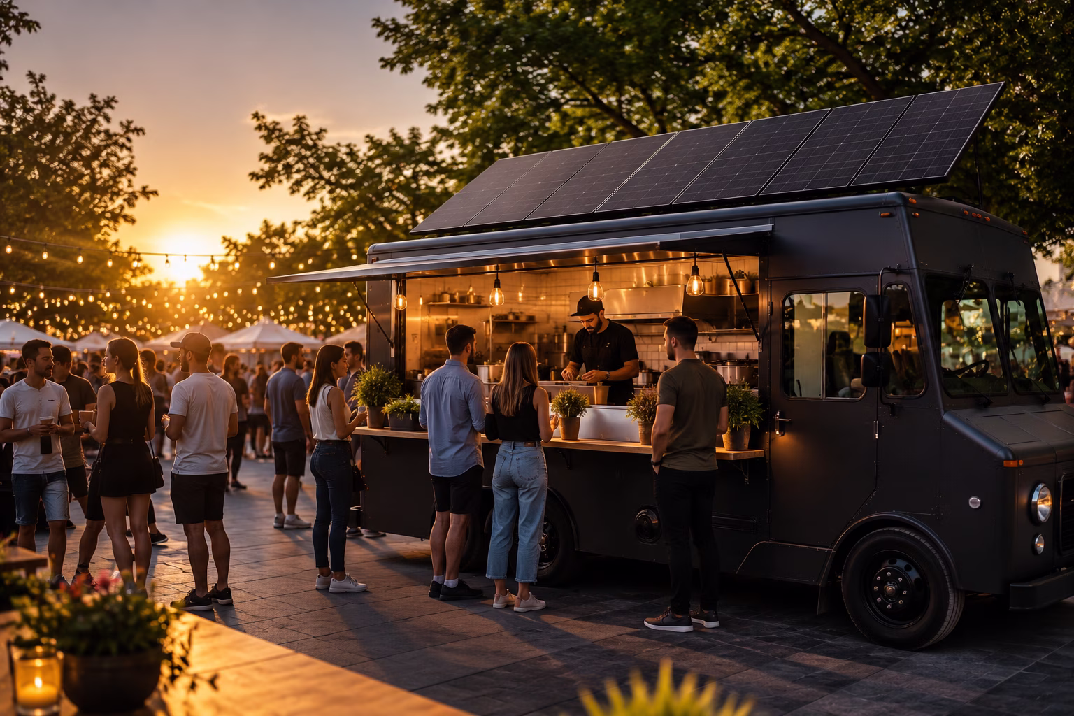 Food truck parked independently at outdoor festival with solar panels, no shore power cord